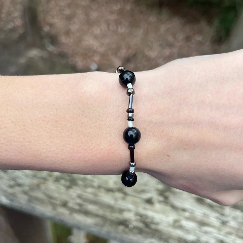 Handmade wax string black beaded bracelet - Picture 1 of 5